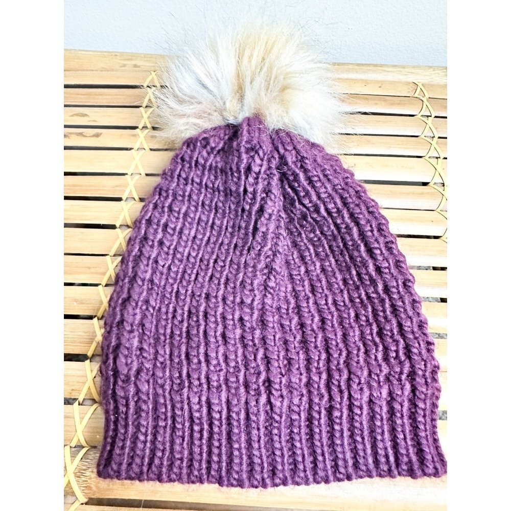 Faux Fur Pom Pom Chunky Knit Beanie Hat Red